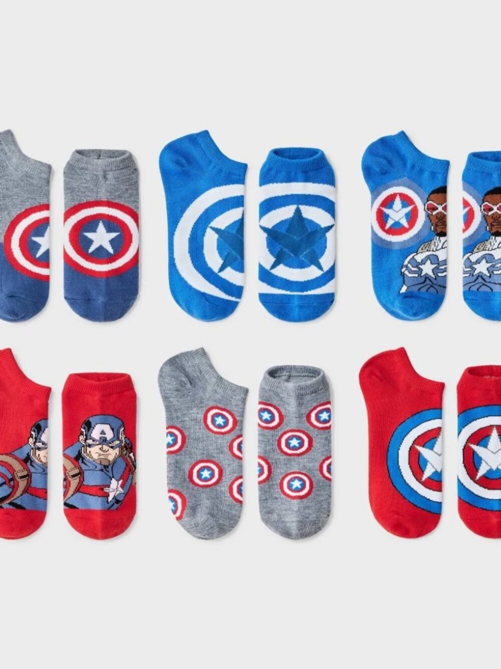 Pkg of 6 pair Marvel Captain America Boys No Show Socks S/M Fits shoe size 9-2.5